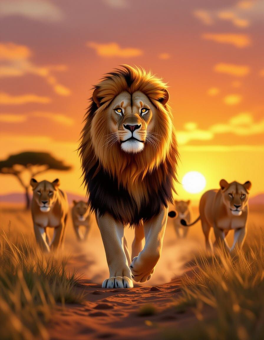 Lion Pride at Golden Savanna Sunset in Digital Art