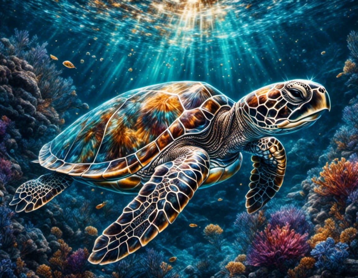 Filigree Glass Sea Turtle Underwater: Watercolor Concept Art