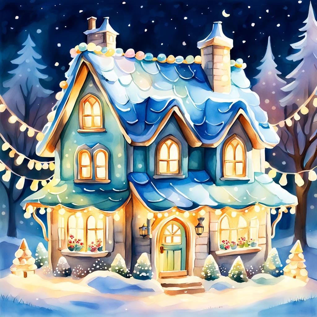 Whimsical Watercolor Fairy-Tale House in Mittens Shape with...
