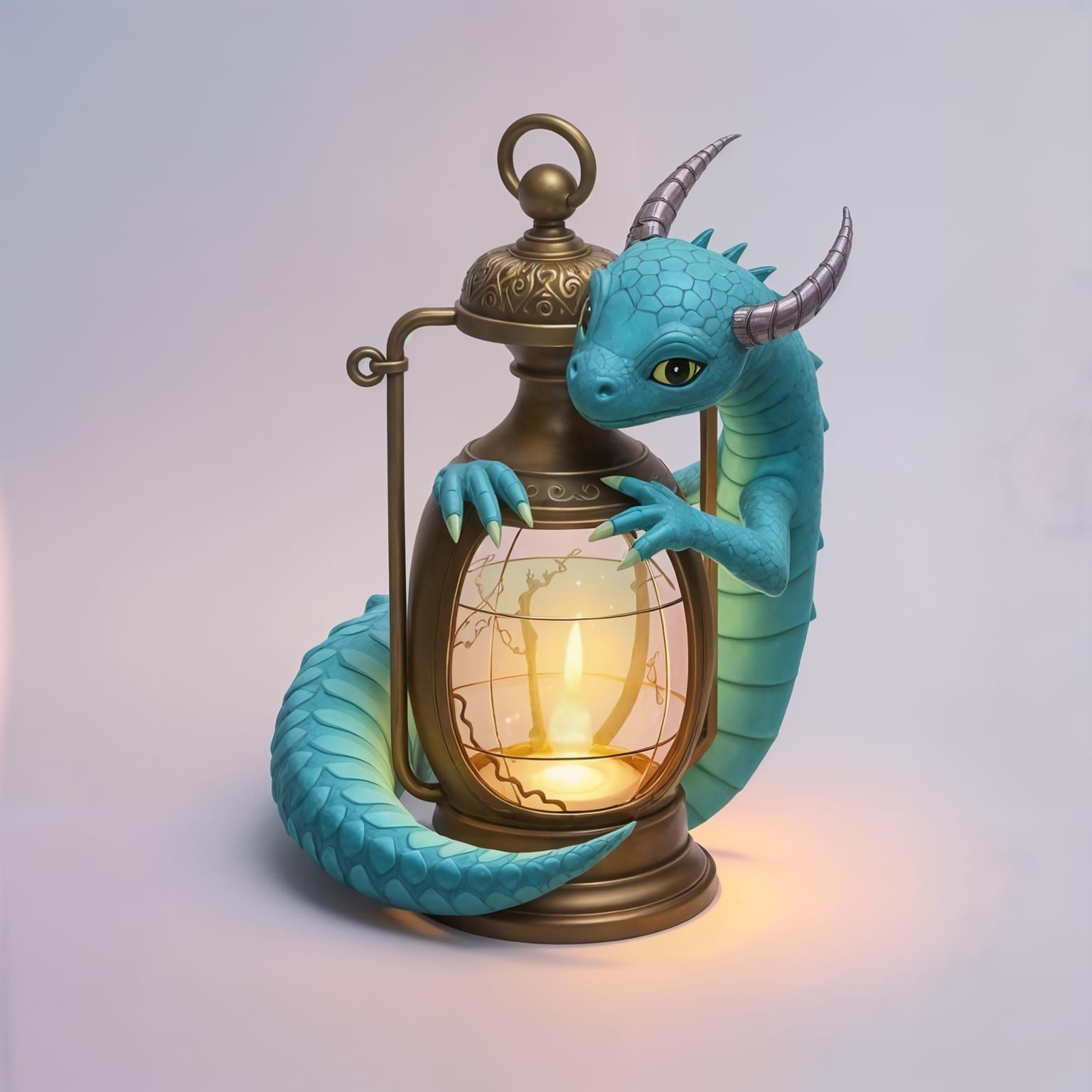 Aquamarine Dragon Cradling a Mystical Lantern