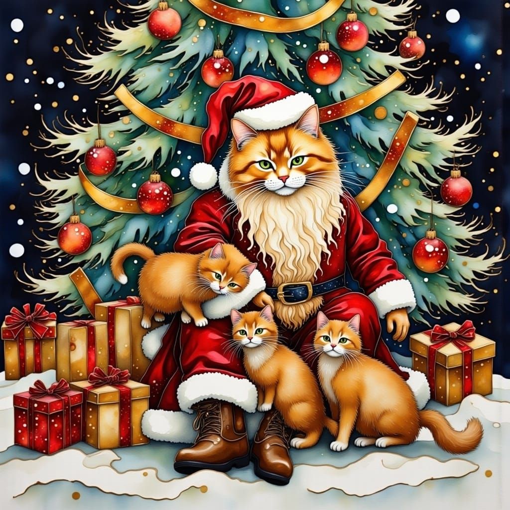 Whimsical Christmas Cat in Festive Scene with Kittens