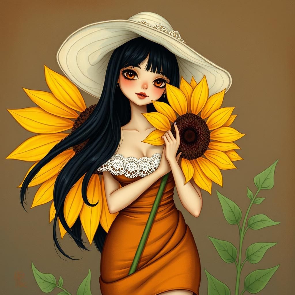 Whimsical Woman with Sunflower, Digital Art