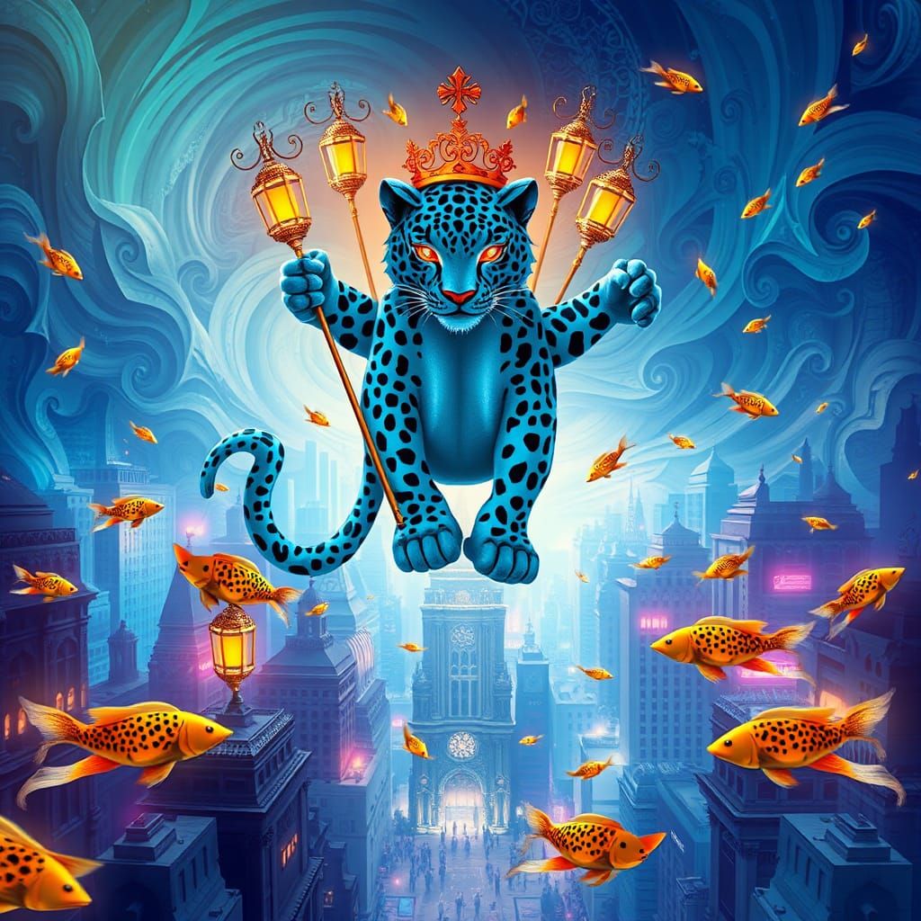 Iridescent Blue Leopard City, Surreal Digital Art