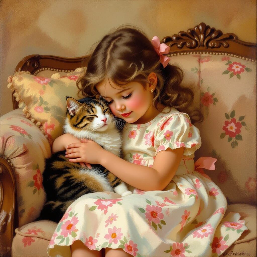 Girl and Cat Cuddle: Impressionistic Oil Painting