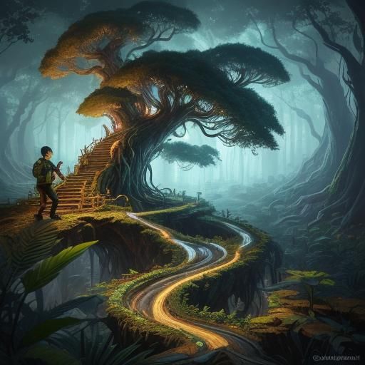 Ancient Forest Cityscape with Boy: Hyperrealistic Art