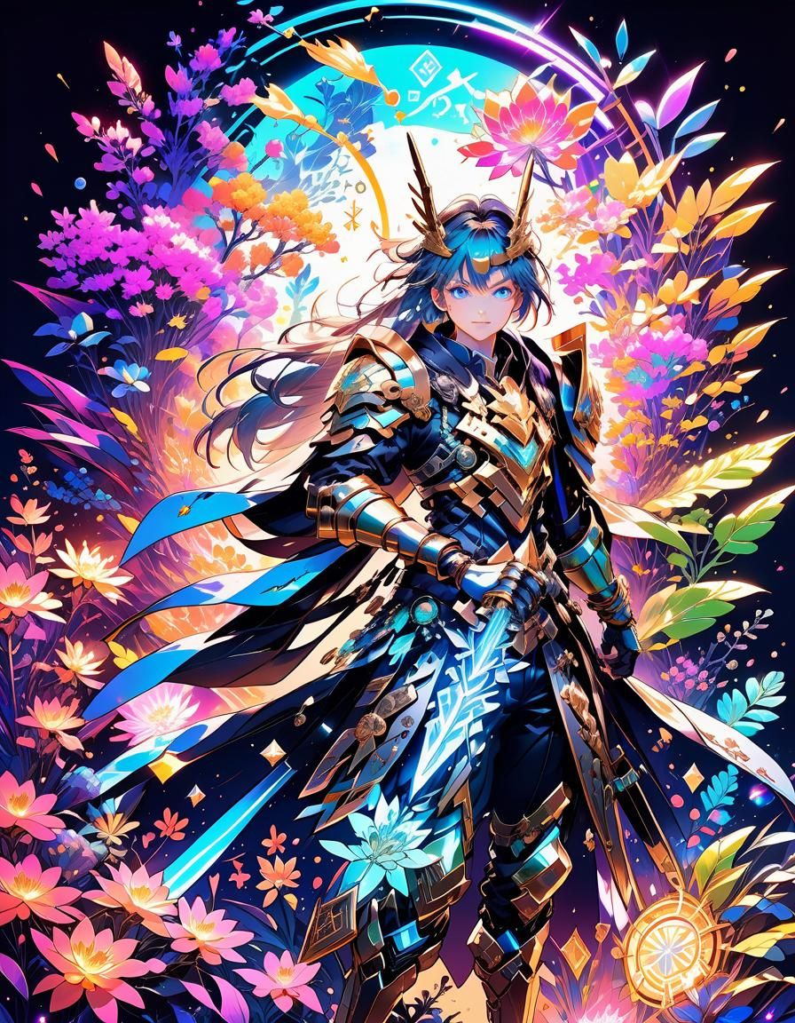 Anime Heroine with Magic Daggers in Bioluminescent Garden