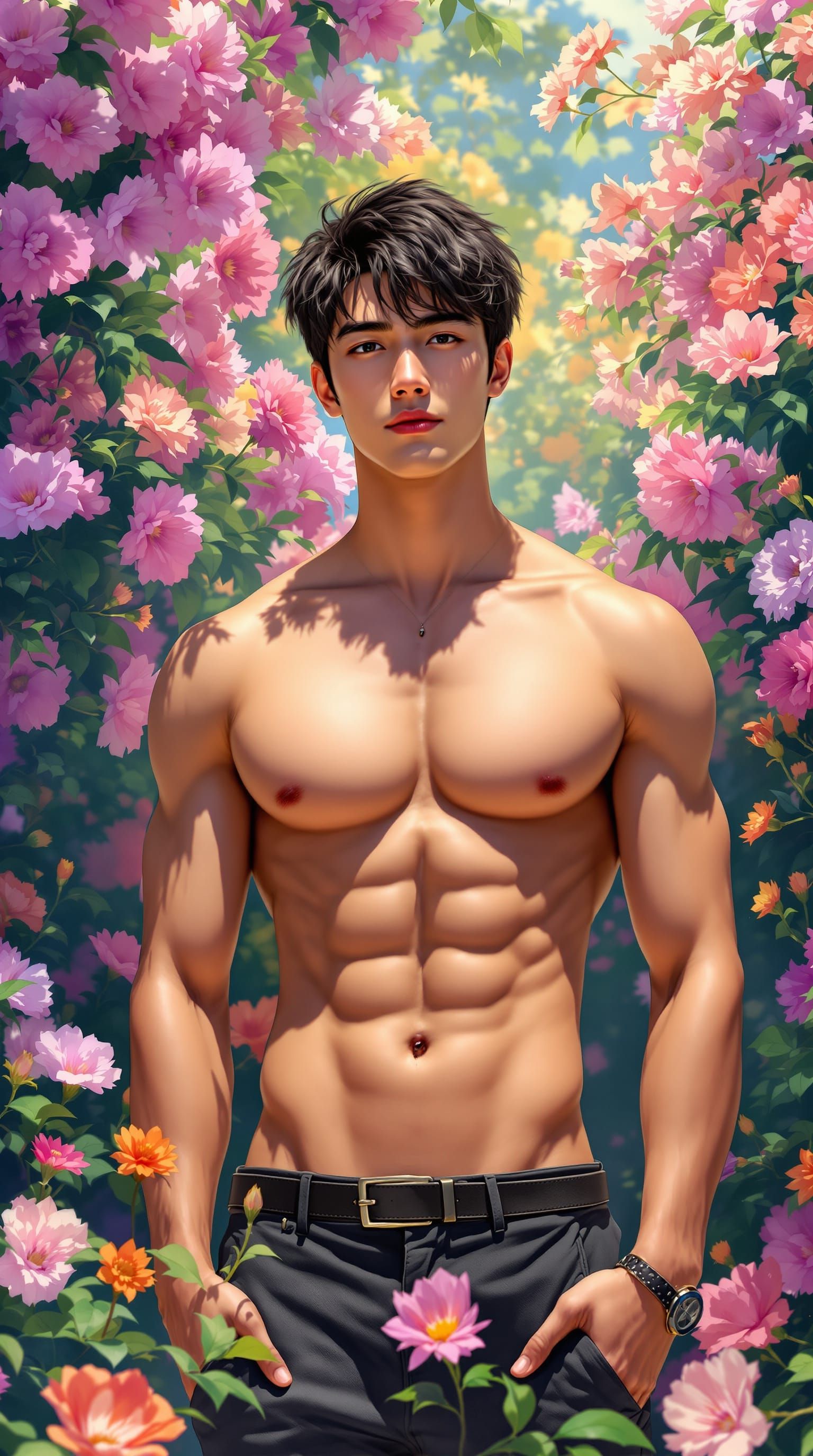 Gay Man in Luminous Flower Garden Portrait