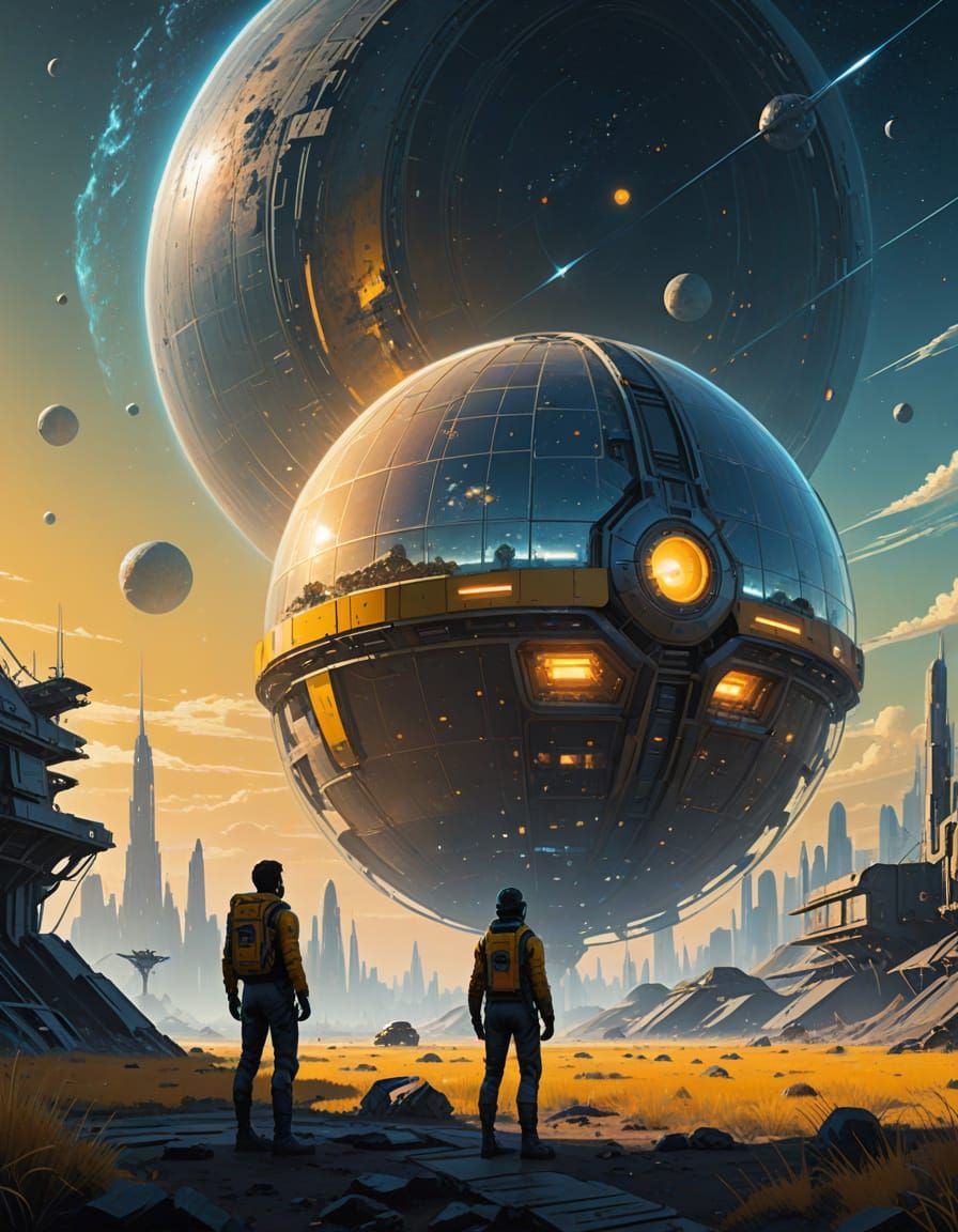 Futuristic Explorer Stands Before Interstellar Settlement in...