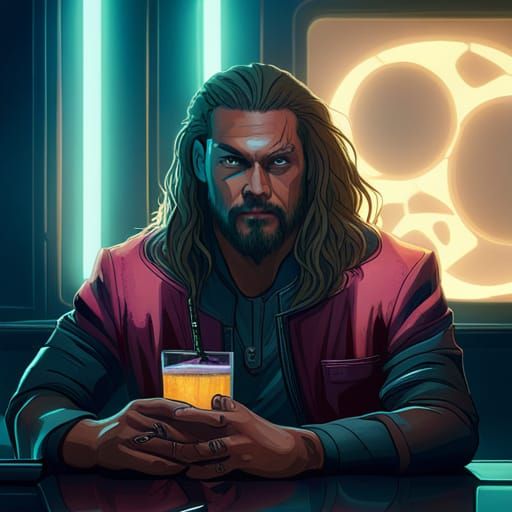 Cyberpunk Jason Momoa at Ocean Bar with Trident