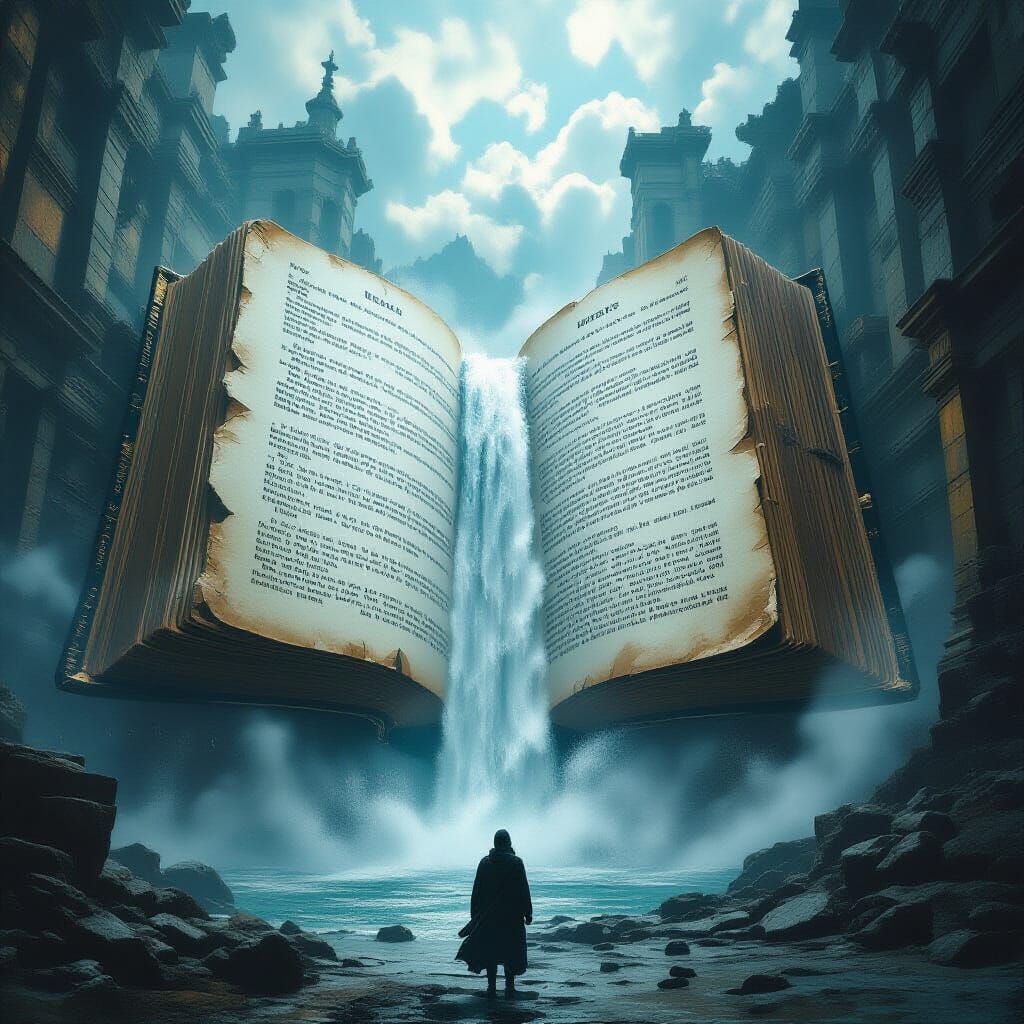 Atlantis Flooded by Jules Verne Book Waterfall