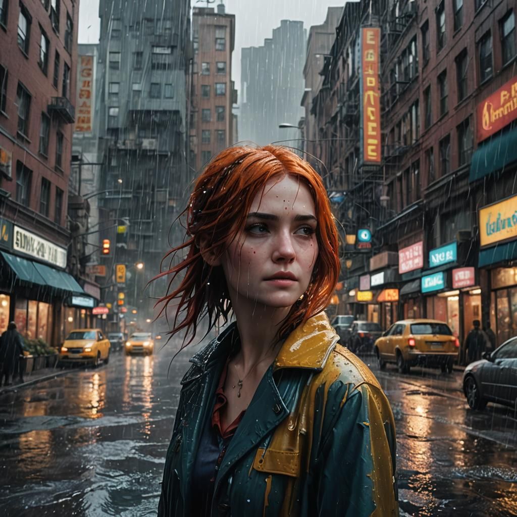 Hyperrealistic Woman in Rainy City Art