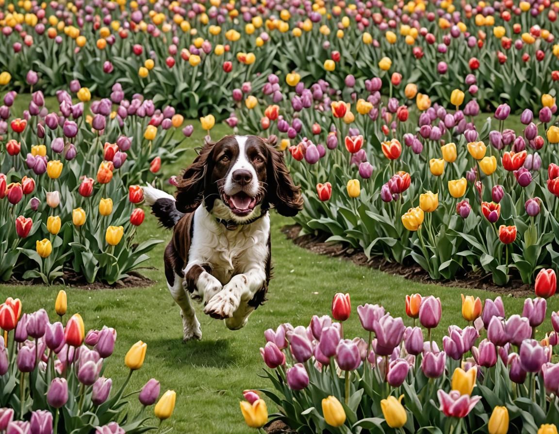 English Springer Spaniel Chasing Duck in Tulip Field