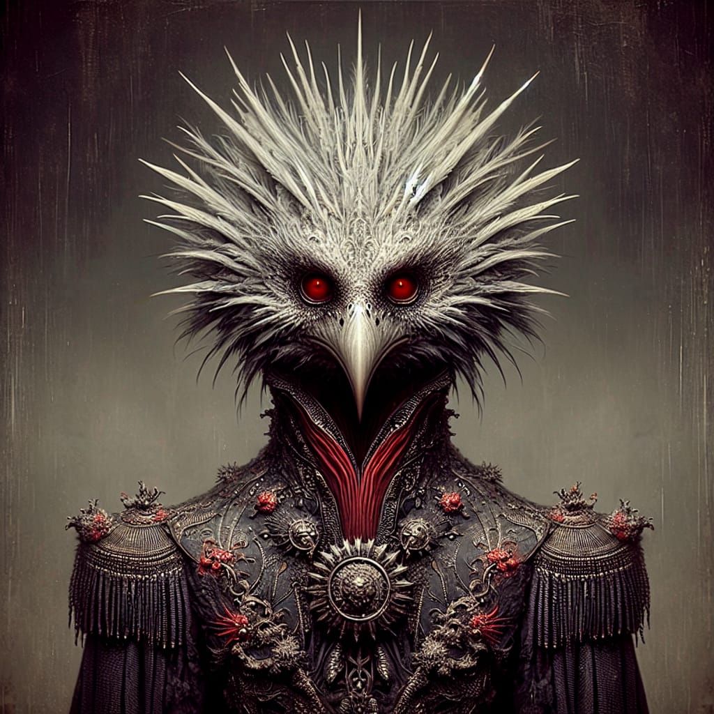 Fantastical Bird-Headed Creature in Ornate Attire
