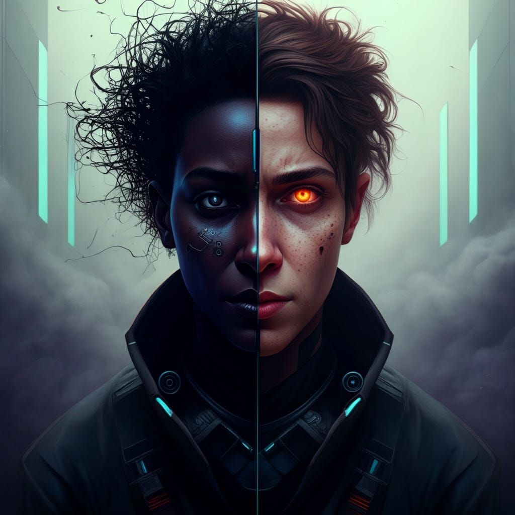 Split Personality Portrait in Futuristic Noir Style