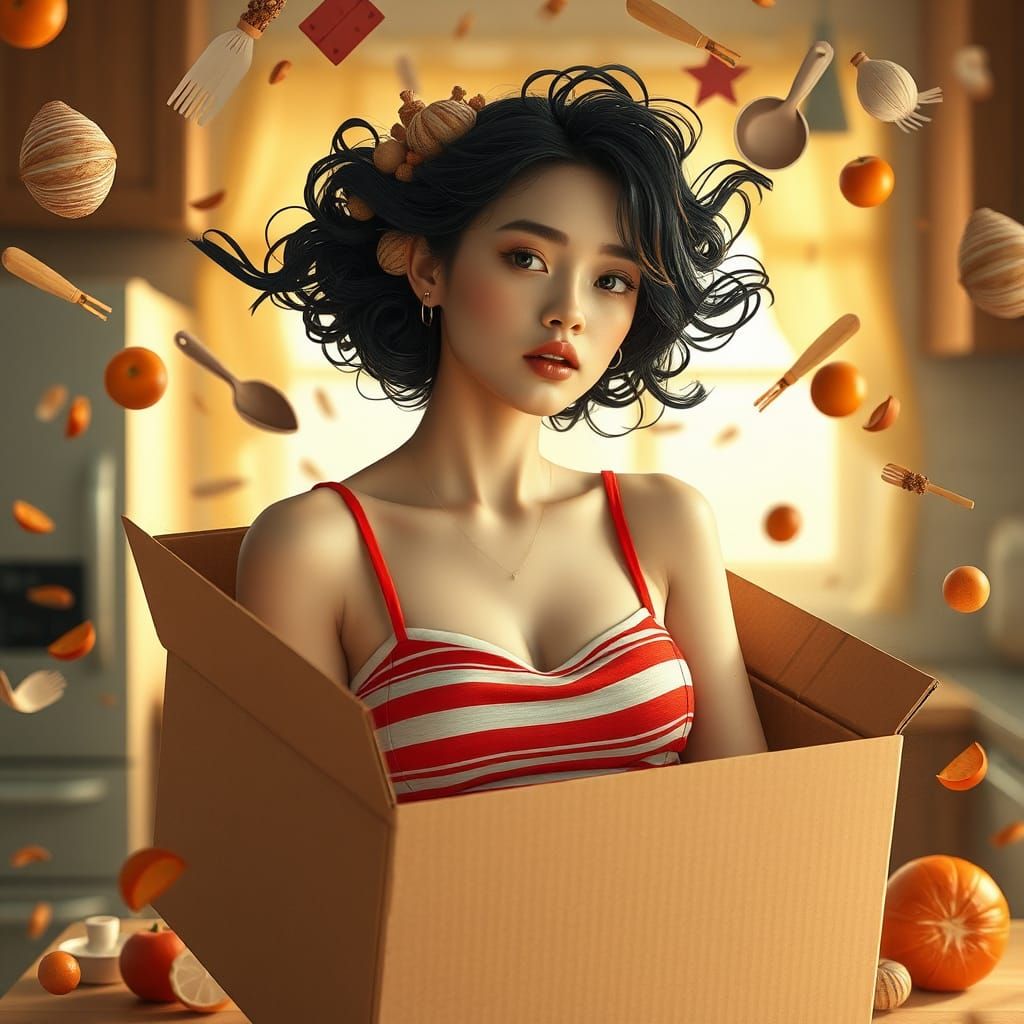 Woman in Floating Cardboard Box, Surreal Photorealism