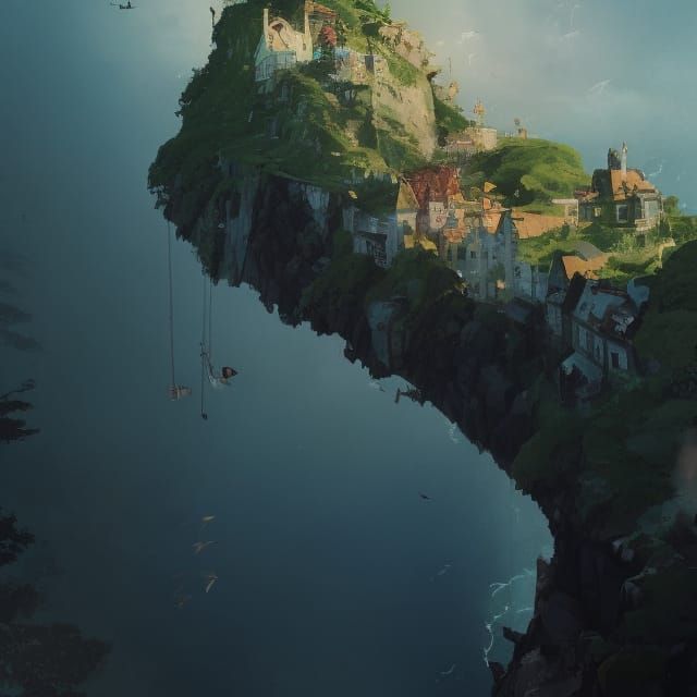 Victorian Cliffside Village: Detailed Digital Art