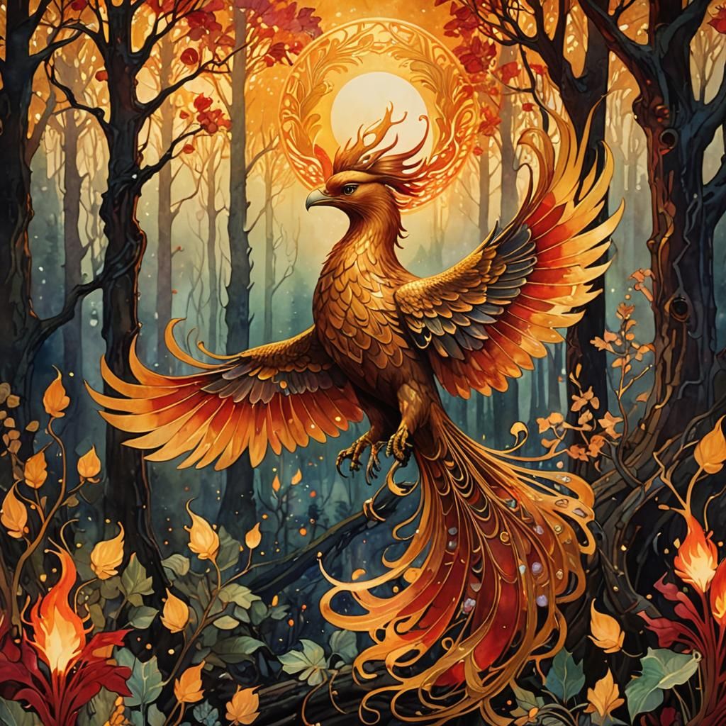Phoenix Rising in Mystical Forest, Art Nouveau Style