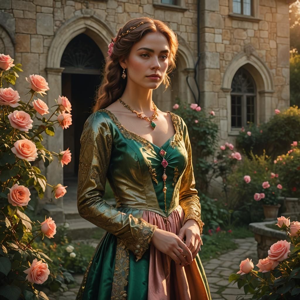 Elegant Young Woman in a Renaissance Garden