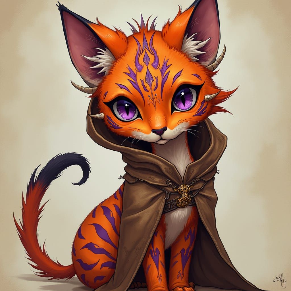 Mystical Tabaxi with Vibrant Orange Stripes and Purple Eyes
