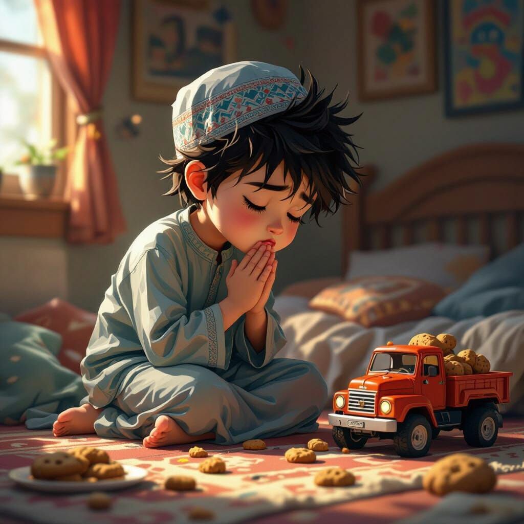 Tired Boy Praying, Comic-Style Illustration