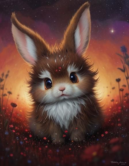 Fluffy Bunny in Flower Rain, Oil Painting