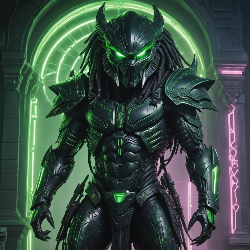 Futuristic Predator in Neon Noir Sci-Fi Scene