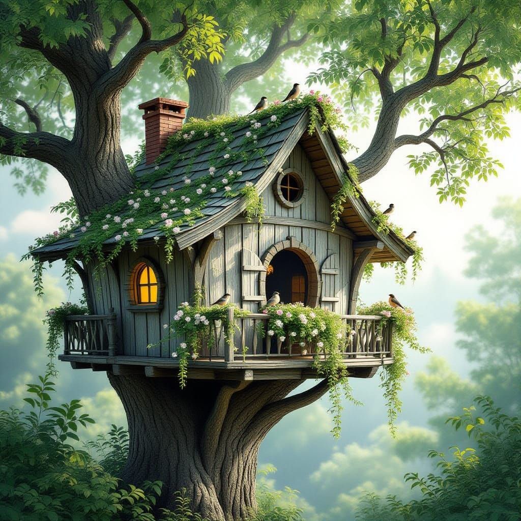 Whimsical Treehouse Sanctuary in Luminous Forest