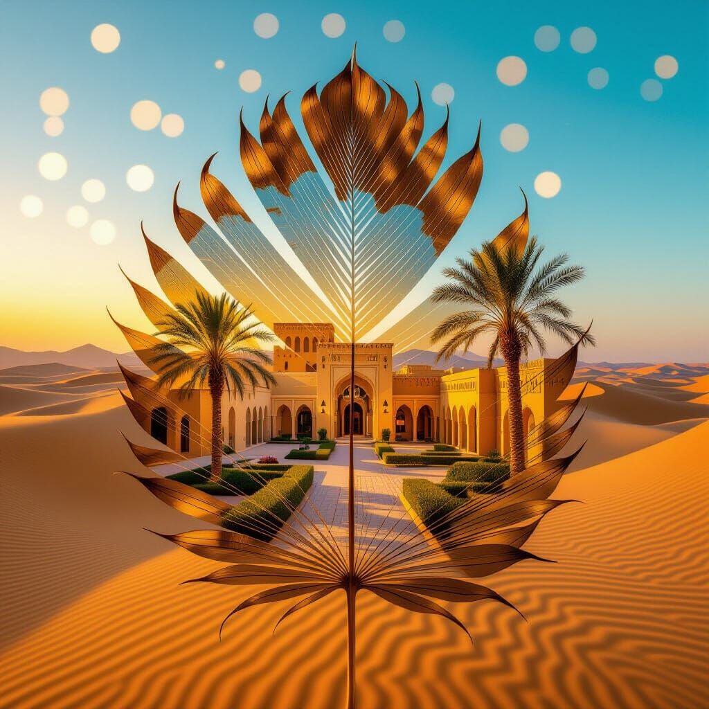 Desert Architecture Meets Palm Leaf Double Exposure Art