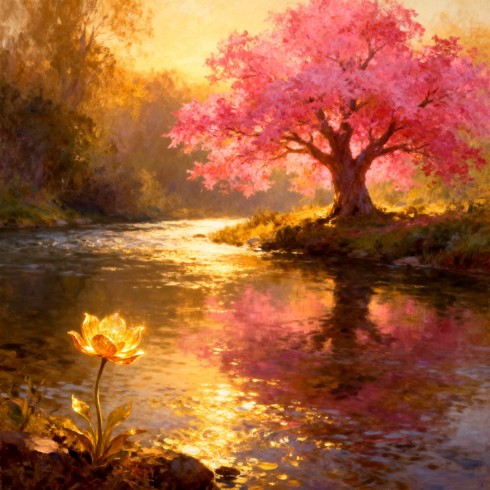 Golden Flower Gazes at Pink-Leaved Tree by River