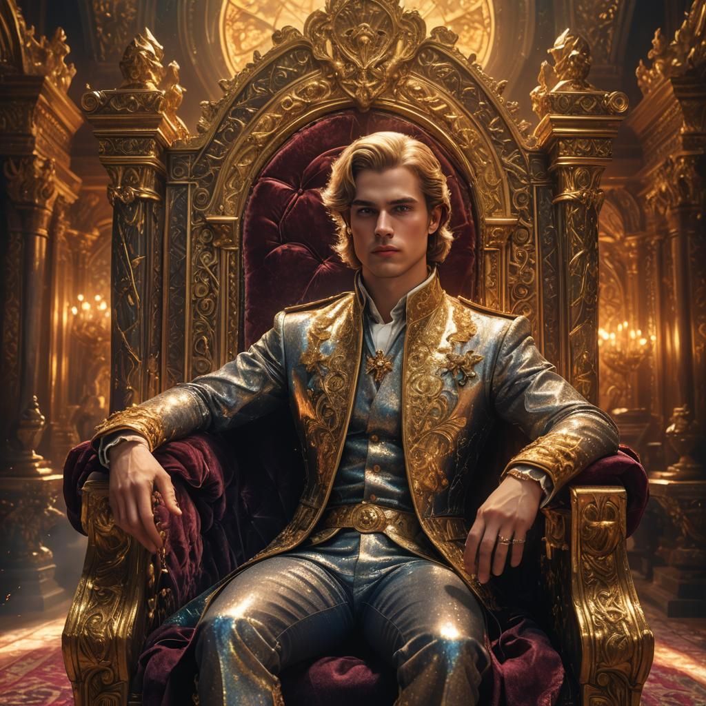Young Duke on Throne in Ornate Chamber, Photorealistic