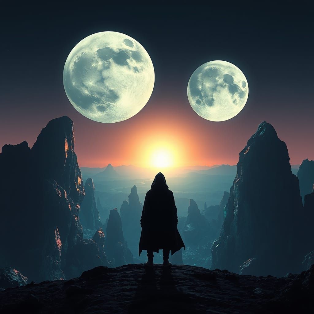 Alien Planet Horizon with Twin Iridescent Moons