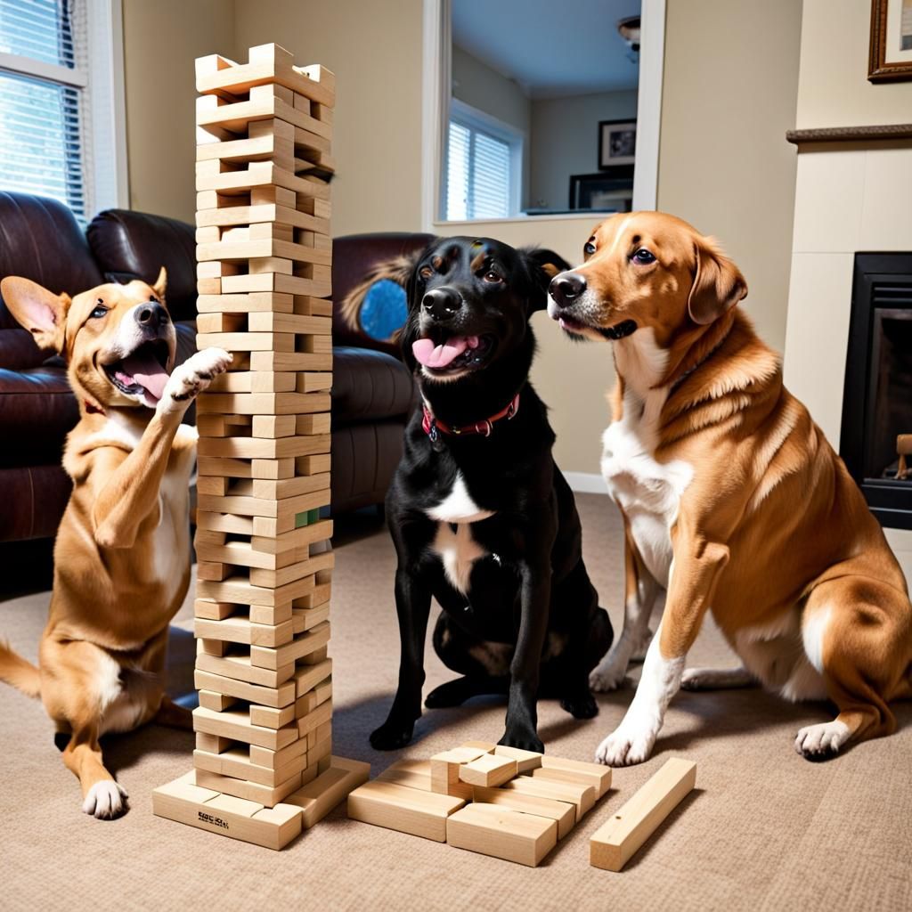 Dogs Play Jenga: A Digital Art Depiction