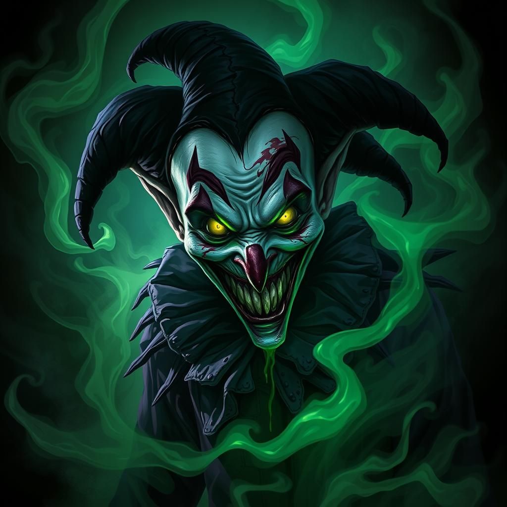 Creepy Jester in Ominous Green Mist