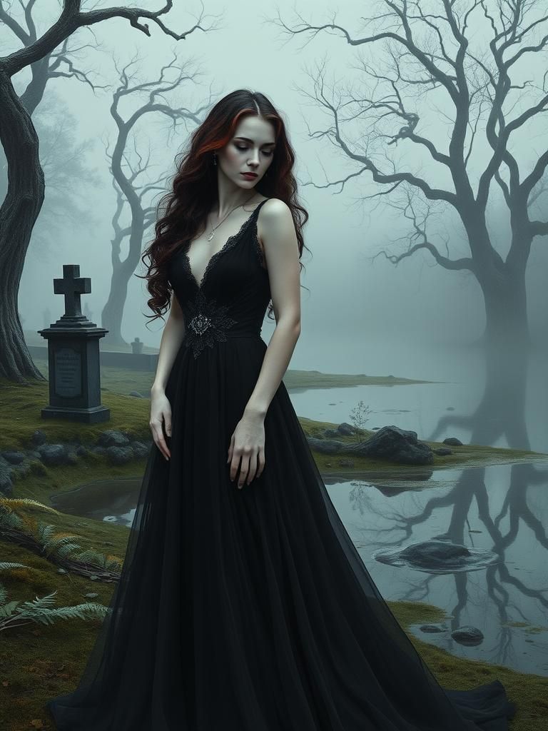 Ethereal Woman by Misty Lake in Watercolor Style