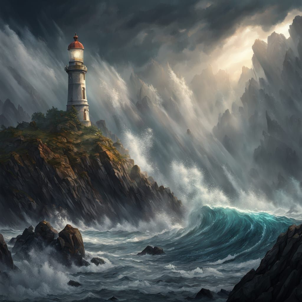 Impressionistic Lighthouse in Magical Stormy Seas