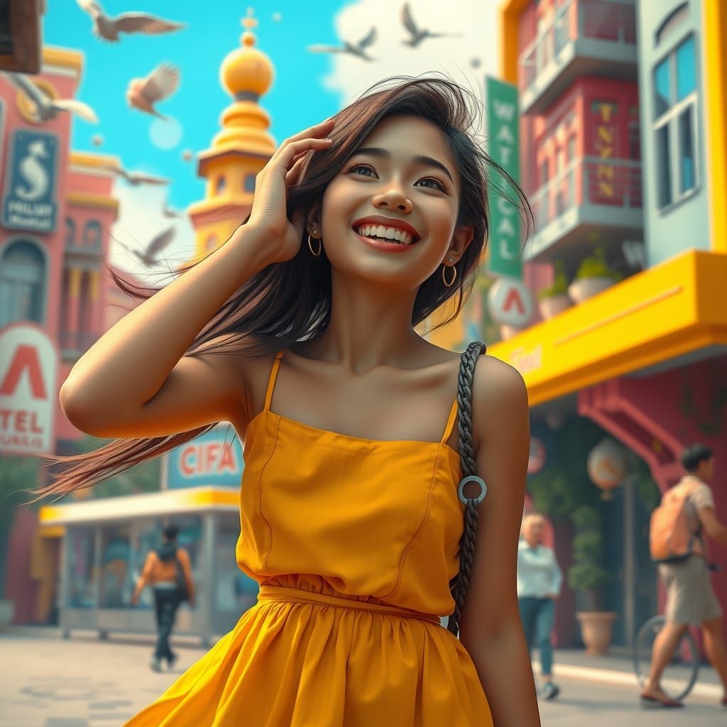 Joyful Woman in Urban Setting as Fantasy Concept Art