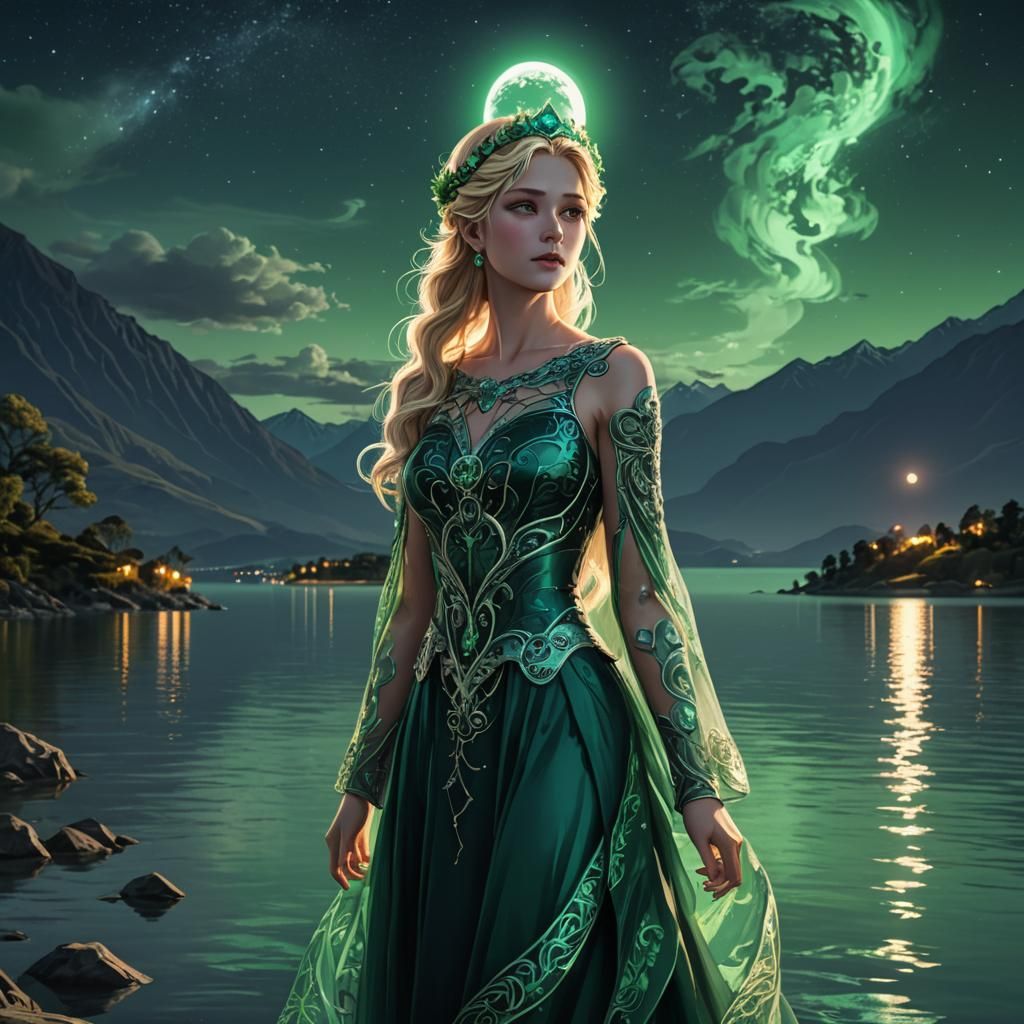 Anime Woman in Emerald Headpiece by Lake Wanaka