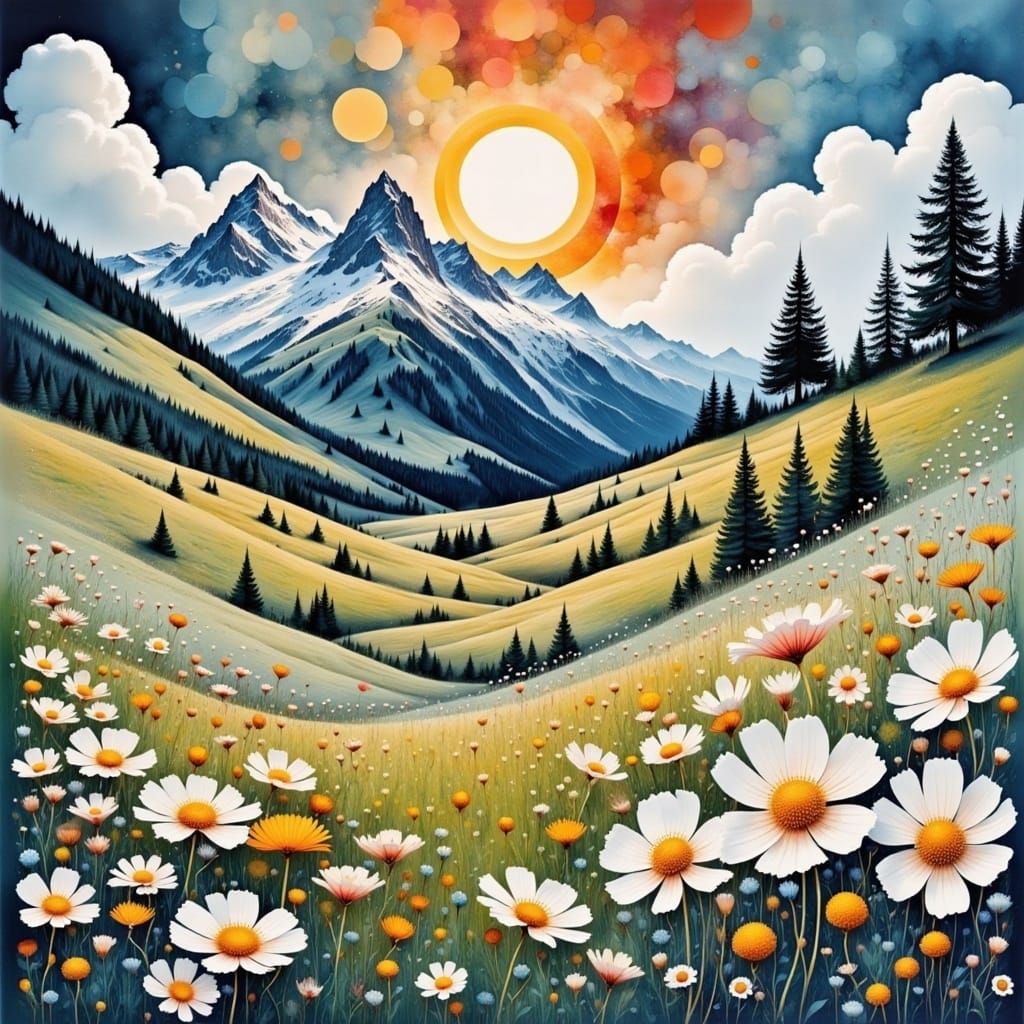 Dreamy Alpine Meadow in Vibrant Pastels