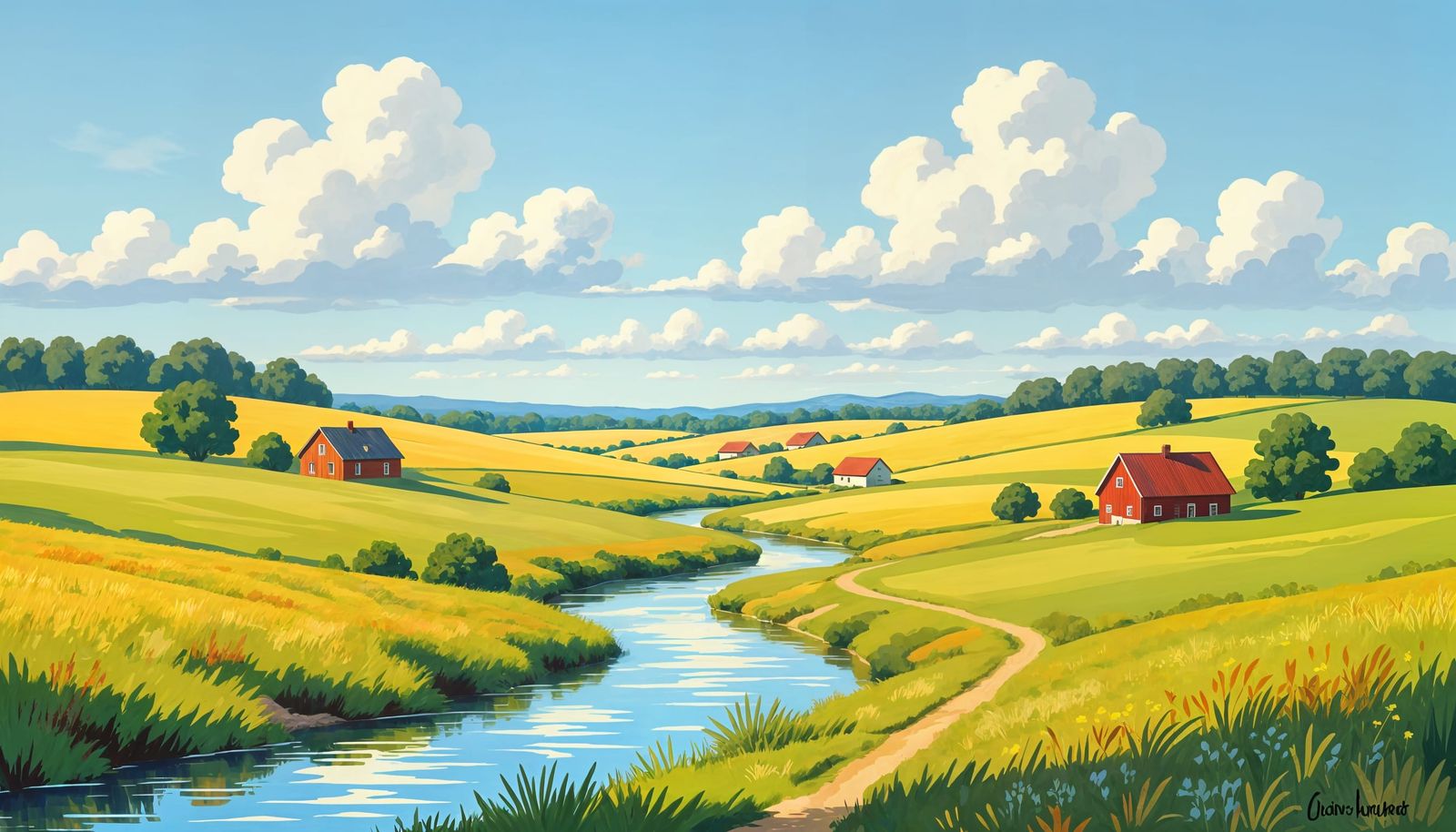 Idyllic Rural Landscape in Impressionist Style