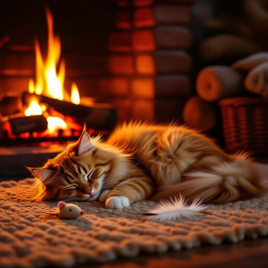Fluffy Cat Sleeping by Fireplace in Magical Realism Style