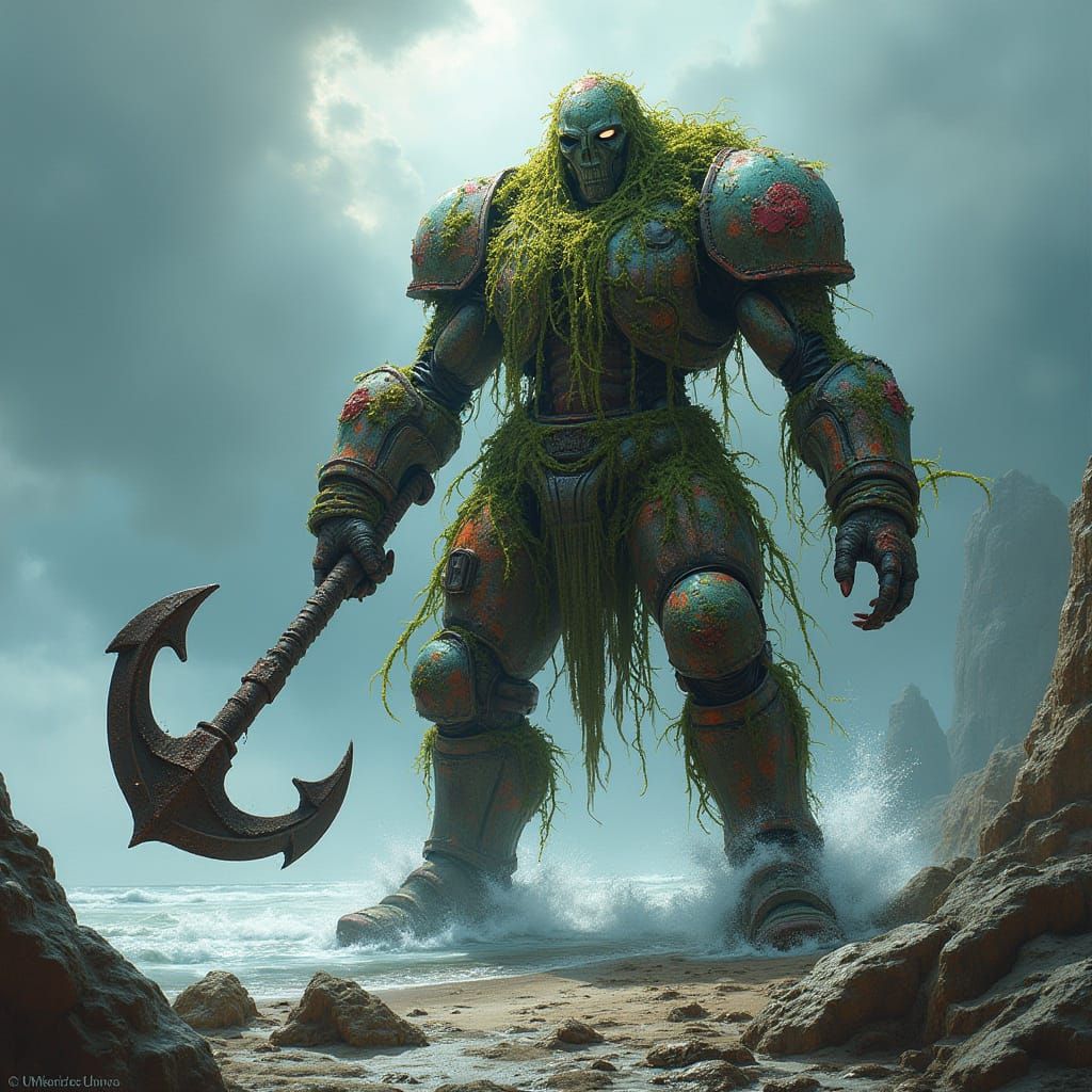 Warforged Warrior on Stormy Coast, Dystopian Art