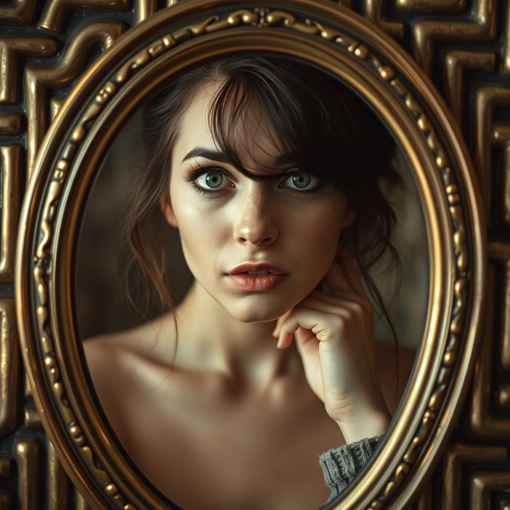 Confused Woman Lost in Mirror Labyrinth