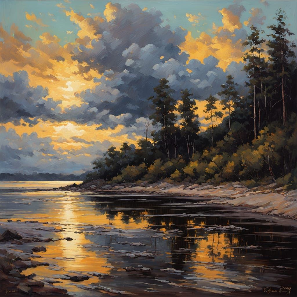 Wooded Shores with Dramatic Clouds as Oil Painting