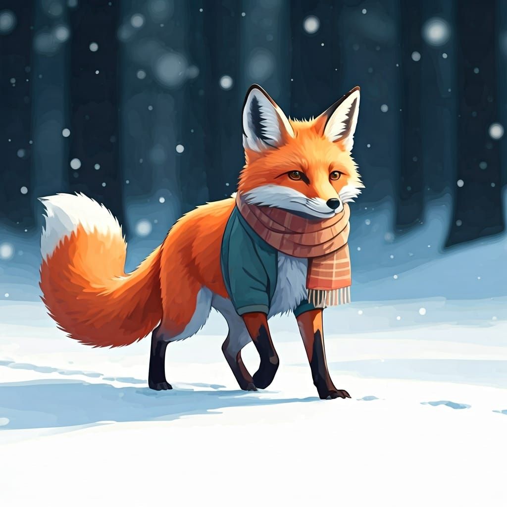 Fox in Winter Forest, Watercolor Digital Painting