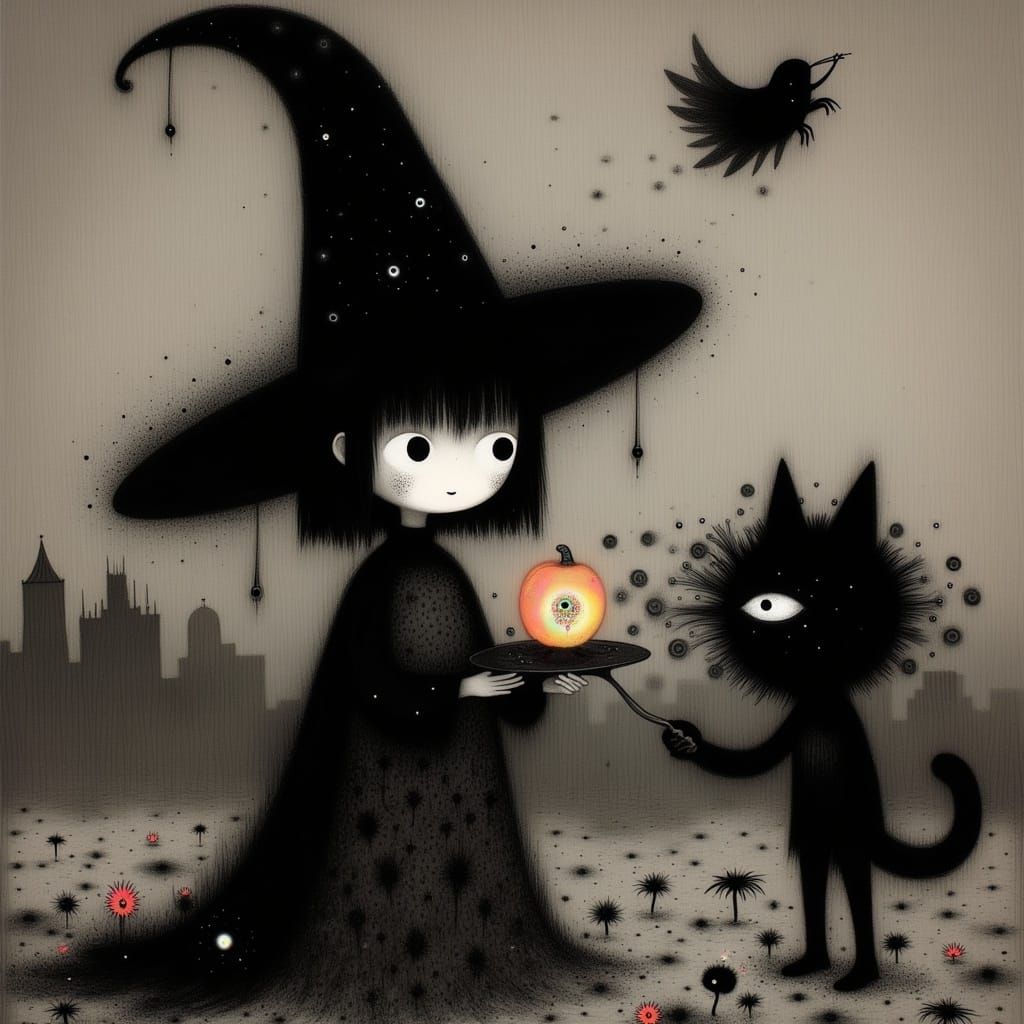Eccentric Fairy Witch with Cat, Digital Art