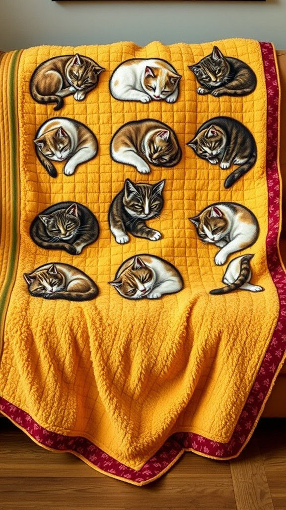 Intricately Embroidered Sherpa Cats Quilt in Warm Gold and O...