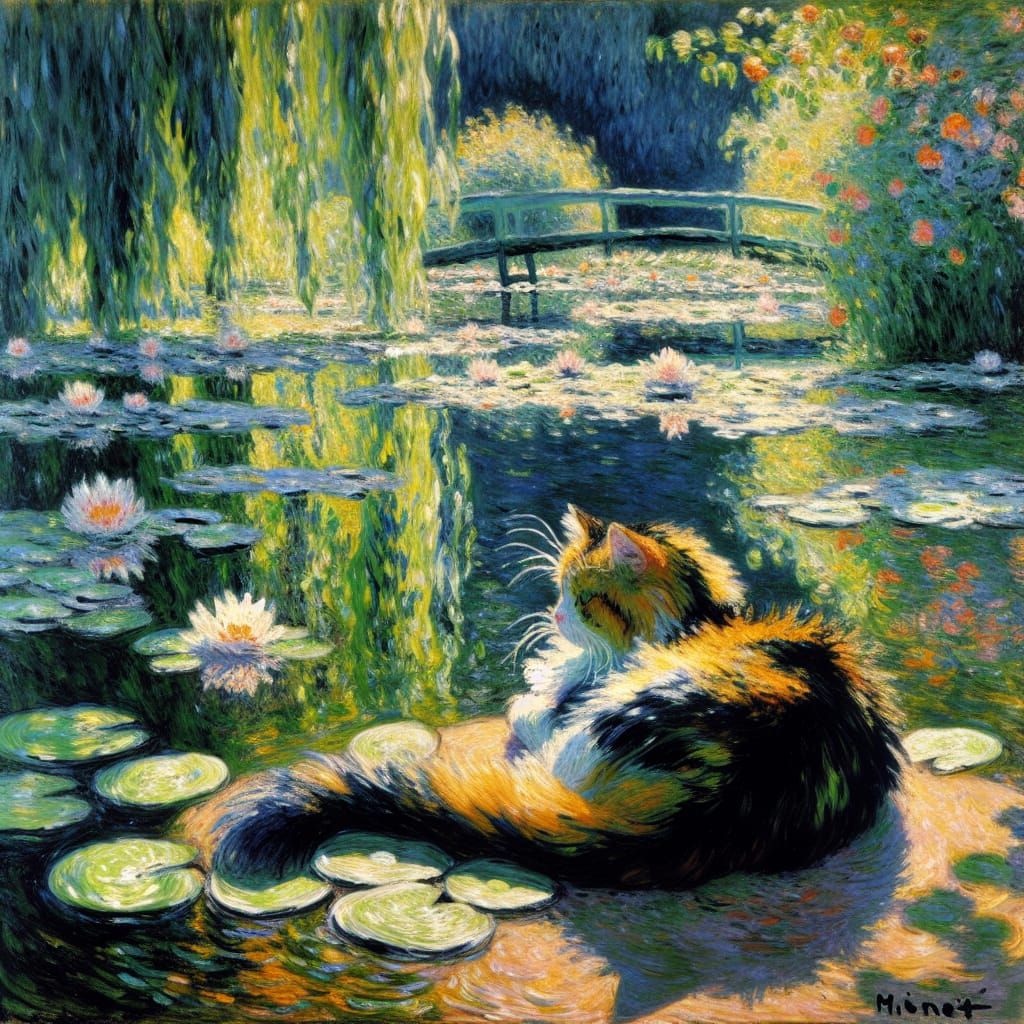 Cat Lounging in Pond as Impressionist Painting