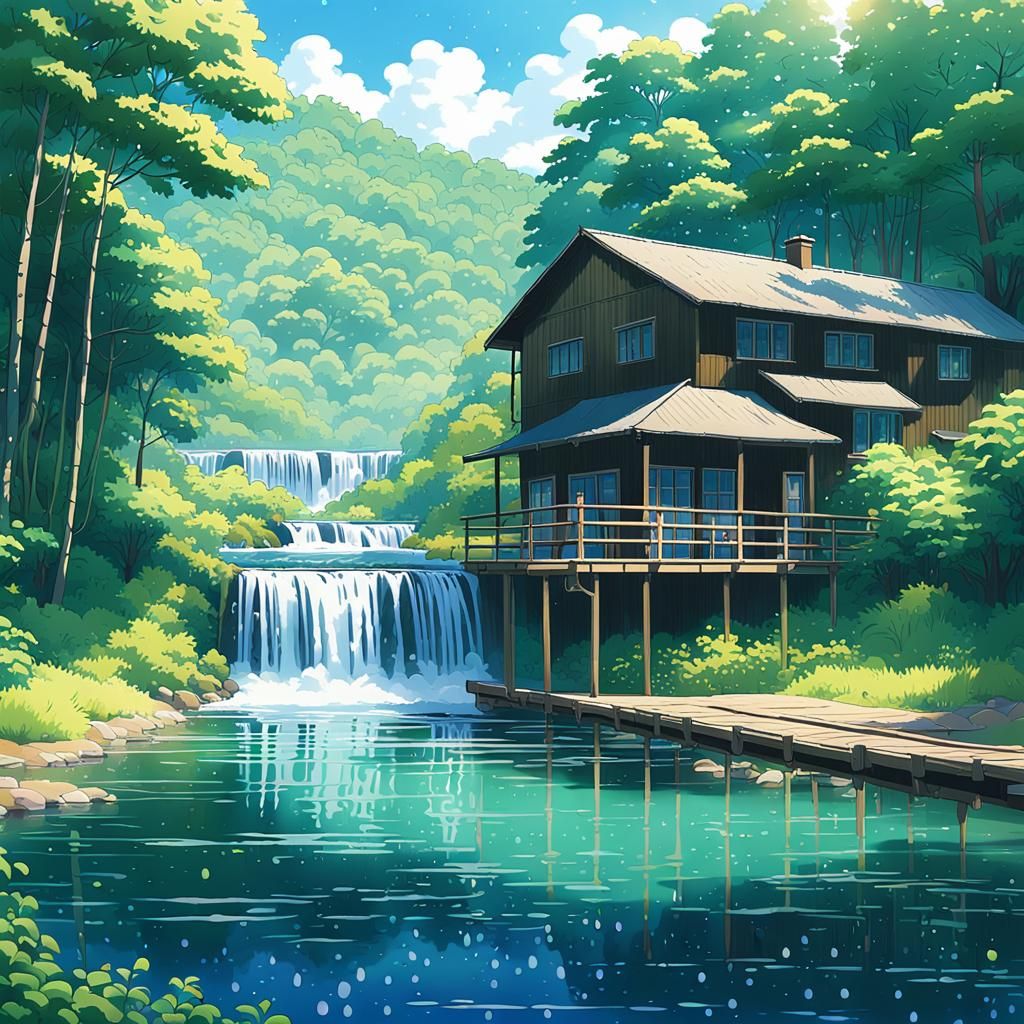 Anime Waterfall Scene in Makoto Shinkai Style
