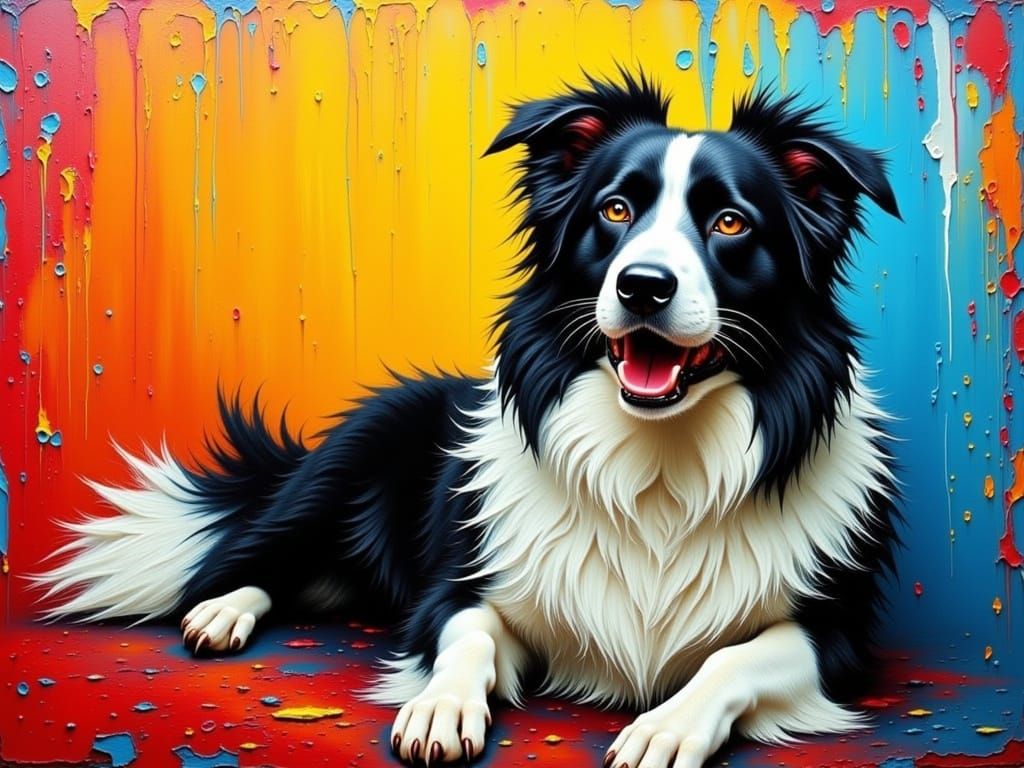 <lora:Canine-Feline:1.0> <lora:2112:1.0> Vibrant border collie, fluffy fur, playful pose, set against a textured, impast...