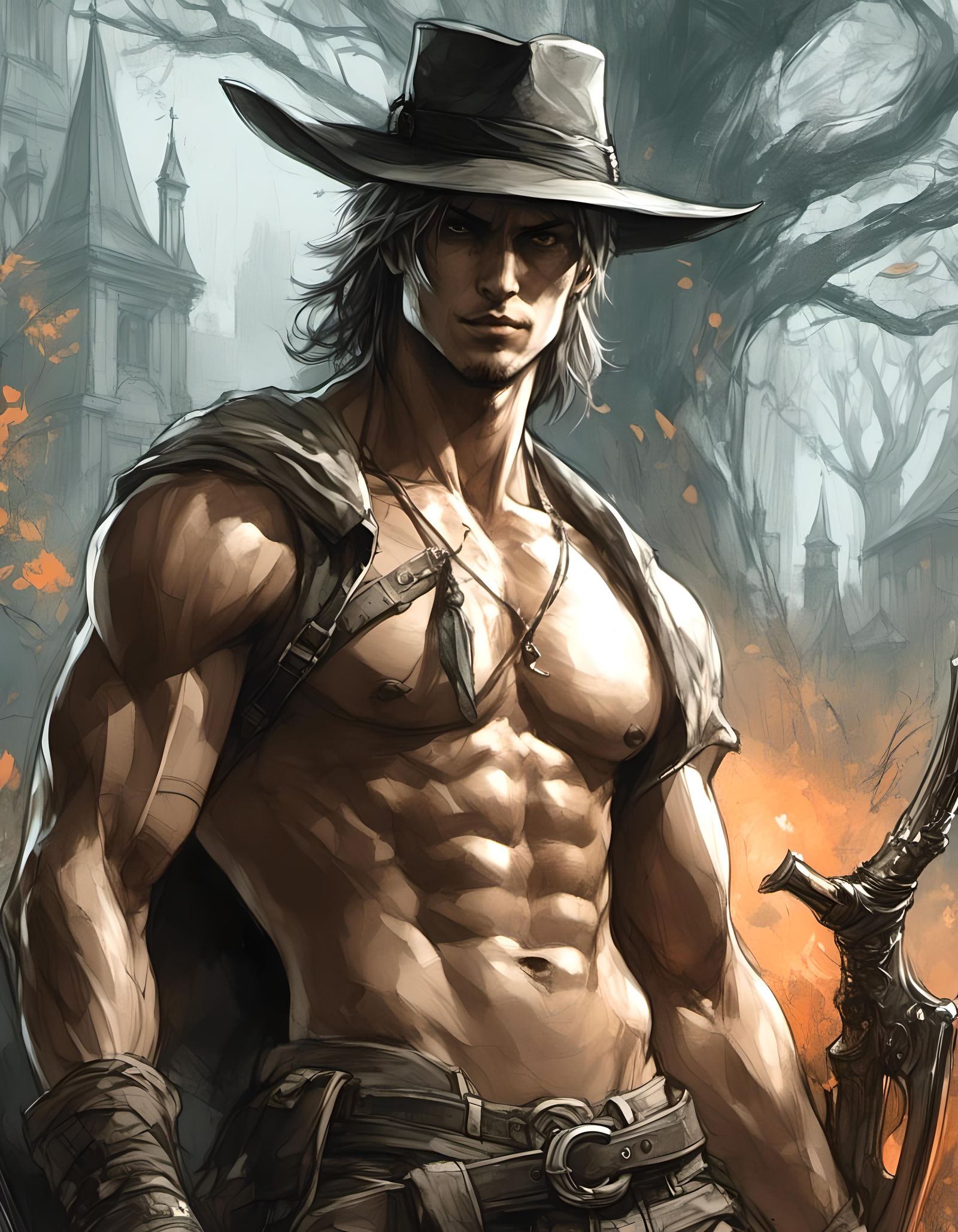 Handsome Athlete as Bloodborne Hunter in Anime Style